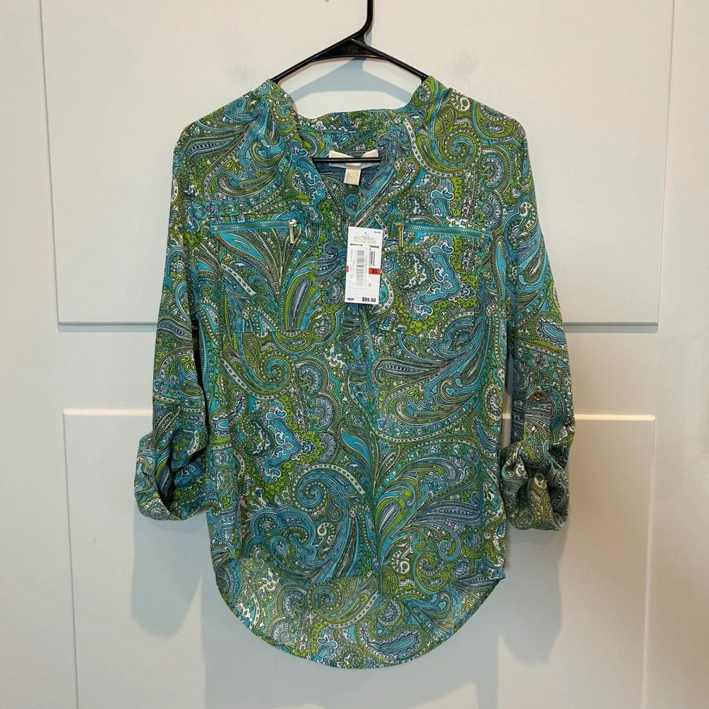 Michael Kors Turquoise Paisley Print Roll Tab Sleeve Green Shirt XS MSRP $89